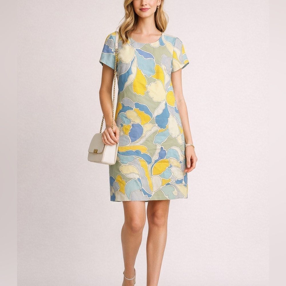 Etcetera 100% Silk Shift Dress Size 8 Blue Yellow Abstract Print Lined
